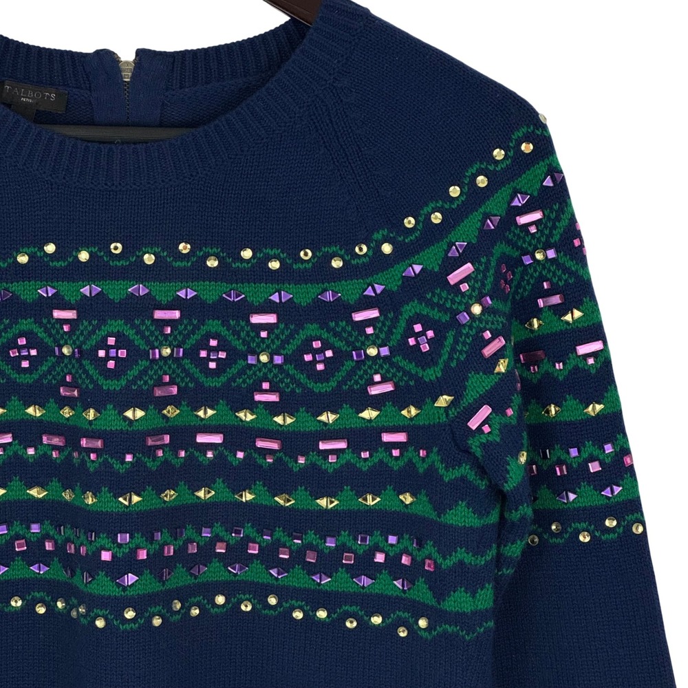 Talbots‎ Petites Navy Blue Embellished Fair Isle Lambswool Blend Sweater SP - Picture 3 of 8